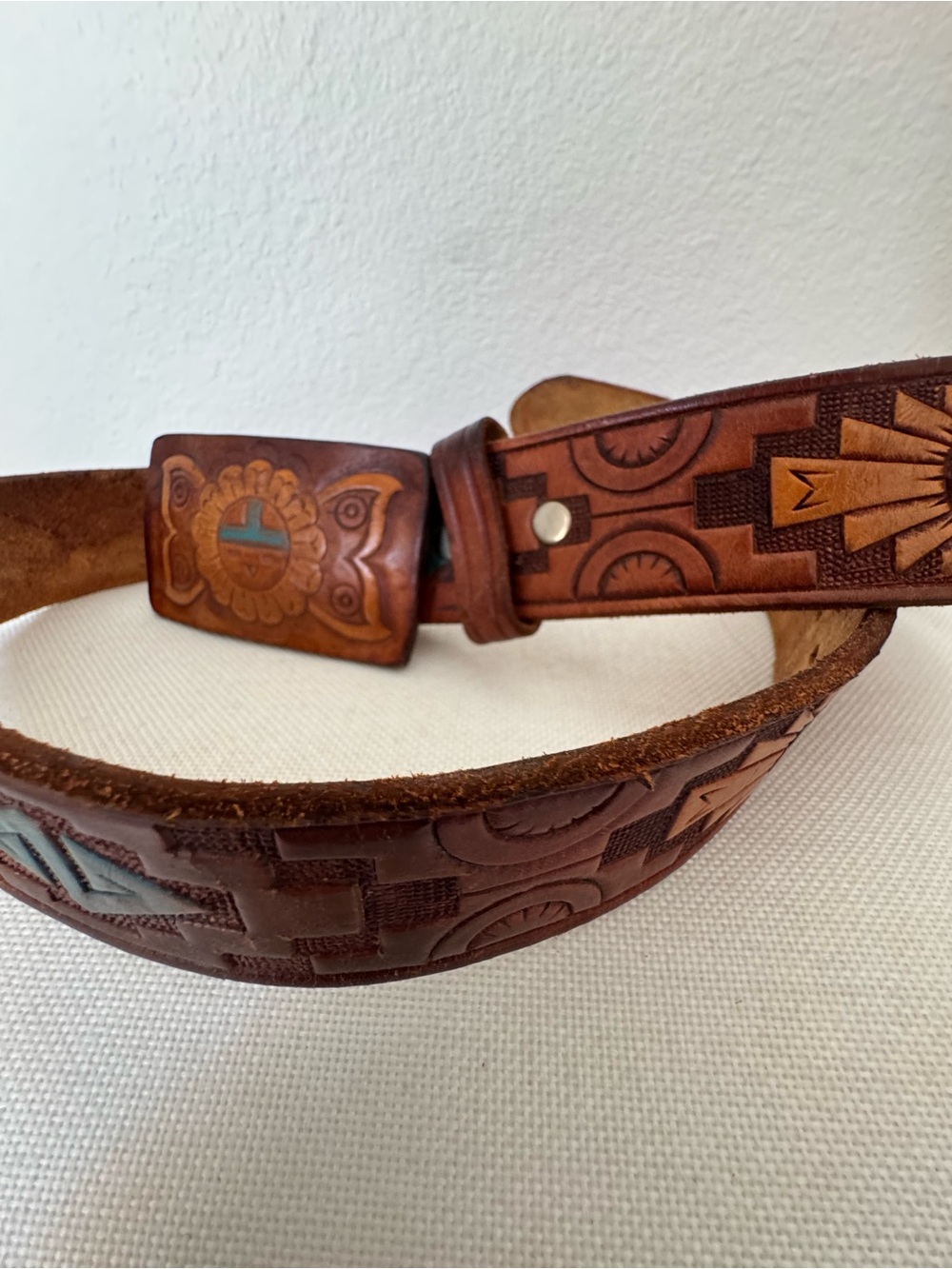 Hand-Tooled Brown Genuine Leather Hand Painted Native Aztec Belt SZ 34 - Picture 5 of 8